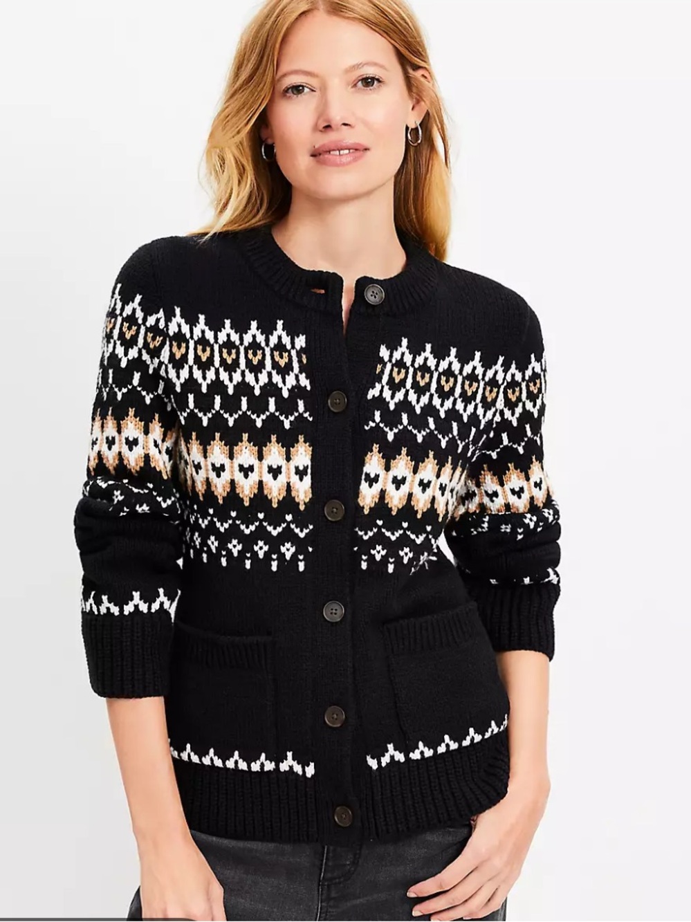 LOFT Black Fair Isle Button Cardigan with White and Tan Accents